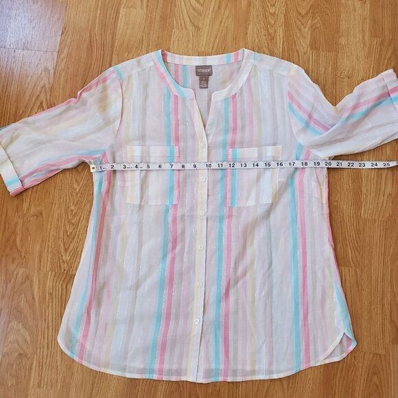 Chico's Summer Fun Stripe Lurex 3/4-Sleeve Shirt Sz Med - Picture 6 of 11
